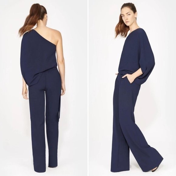 HALSTON HERITAGE *Gia* navy blue one shoulder 70s 80s classic jumpsuit 12 - Picture 4 of 8